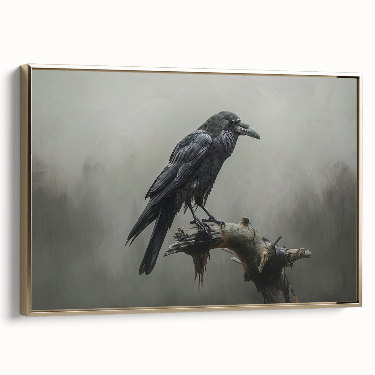 Framed wall art featuring a crow and raven design, elegantly displayed on a gold-accented canvas, showcasing intricate details and rich colors, perfect for nature enthusiasts.