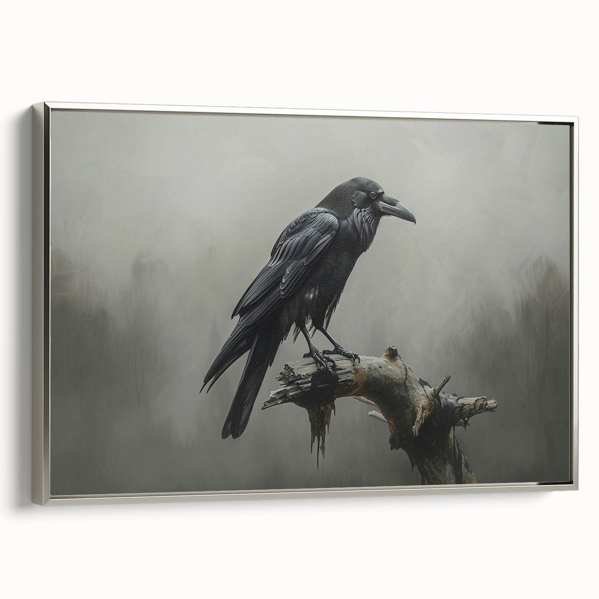 Framed wall art showcasing a striking design of a crow and raven, displayed from a silver side view, perfect for enhancing modern home decor with nature-inspired themes.