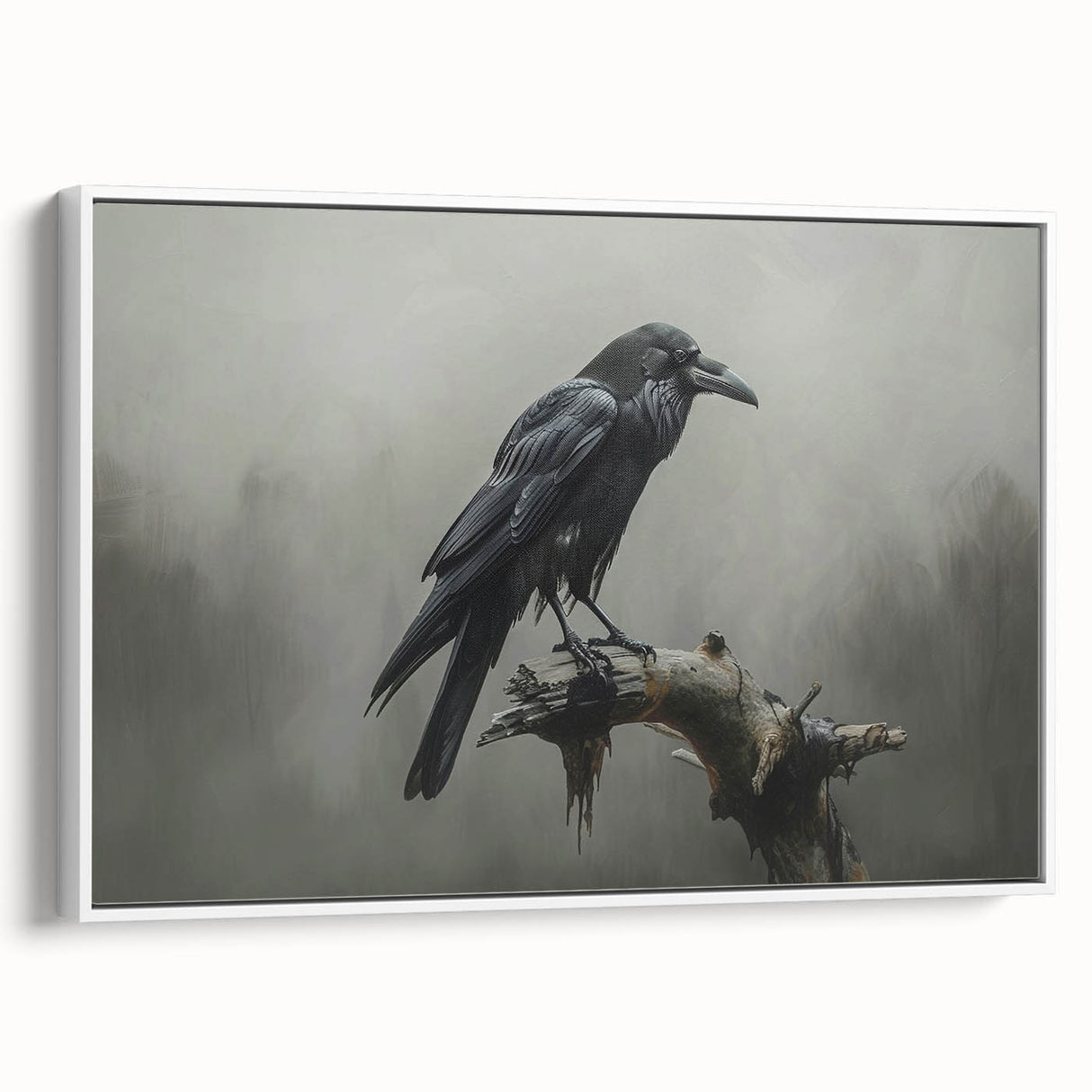 Framed canvas wall art featuring a striking design of a crow and raven in a minimalist style, showcasing a white background and elegant side view, perfect for modern decor.