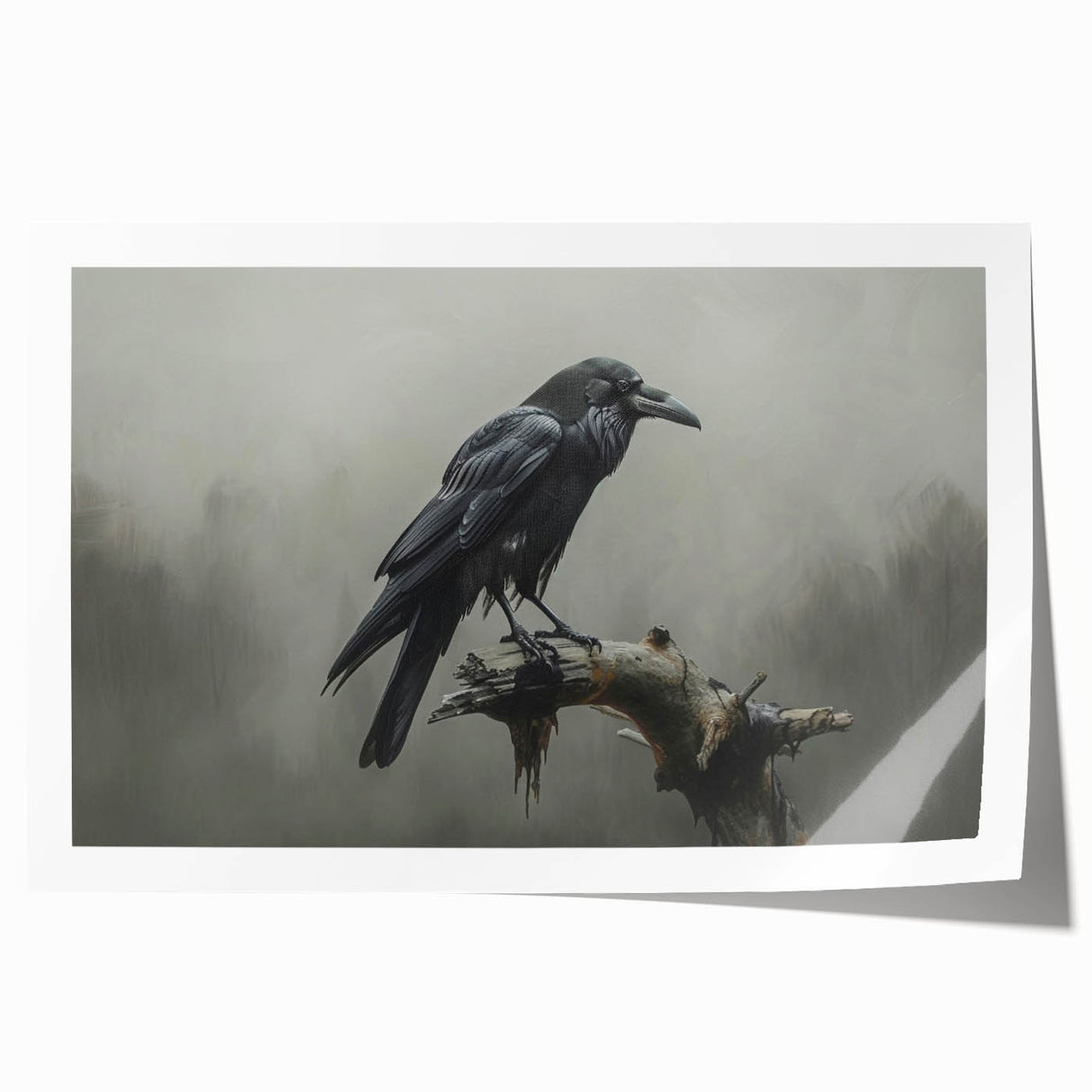 Artistic print showcasing a crow and raven design, featuring intricate details in black and white, perfect for nature lovers and modern decor enthusiasts.