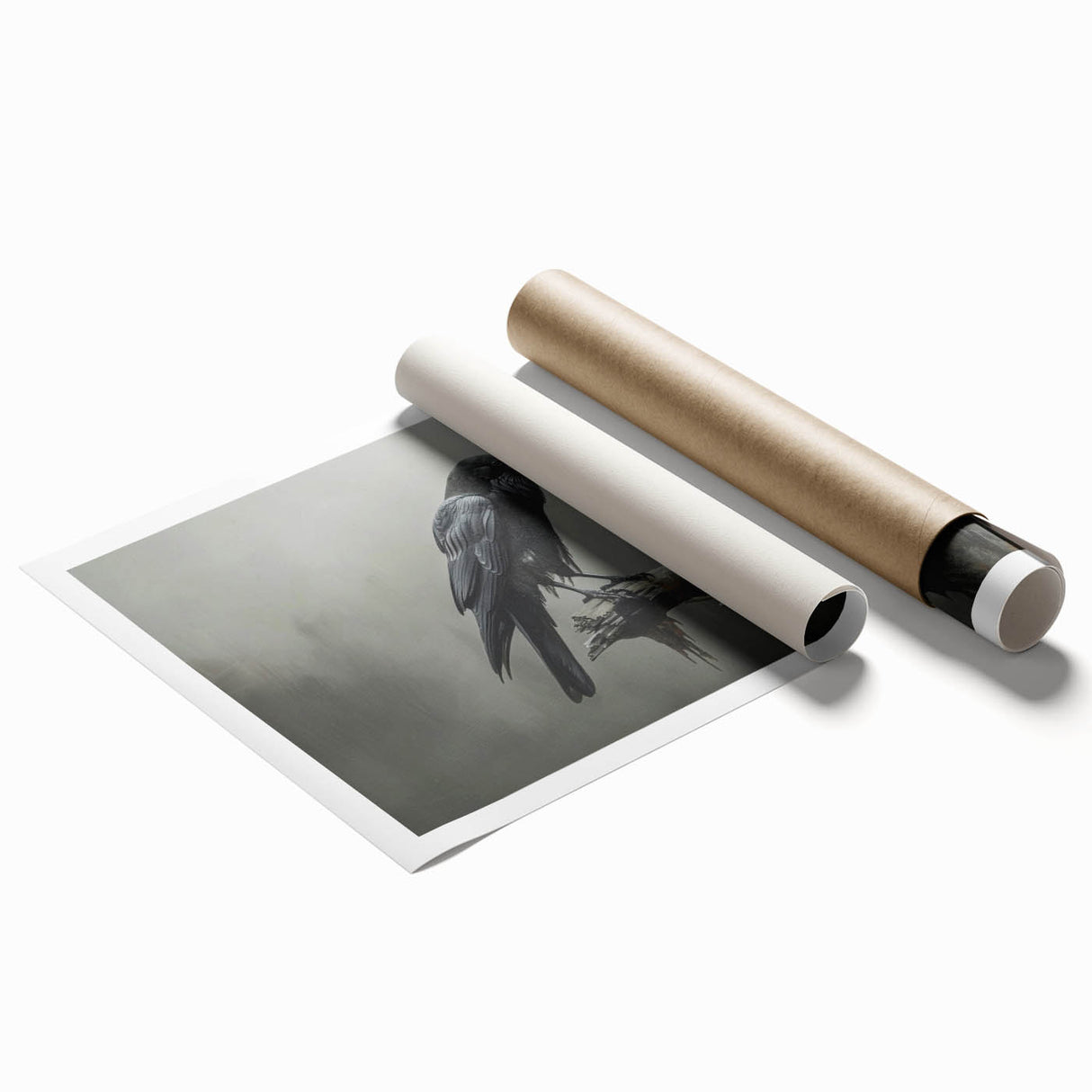 Artistic rolled print showcasing a crow and raven design, featuring intricate details and vibrant colors, ideal for enhancing home decor or gallery spaces.