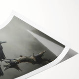 Artistic rolled print showcasing a detailed design of a crow and raven, featuring intricate feather patterns in shades of black and gray, ideal for nature-themed decor.
