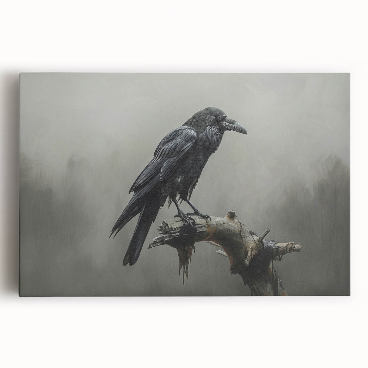 Stretched canvas wall art featuring a crow and raven design, showcasing intricate details and bold colors, perfect for adding a unique touch to home decor.