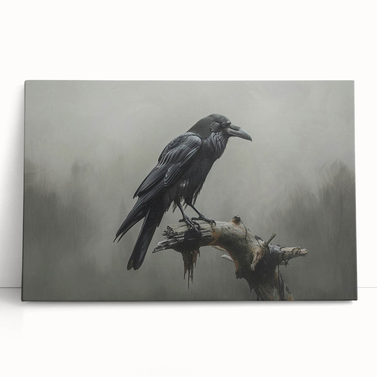 Stylized wall art featuring a crow and raven design on stretched canvas, showcasing intricate details and deep black hues, perfect for modern decor.