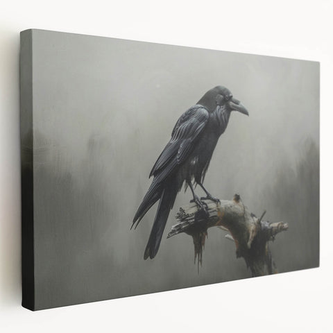 Stretched canvas wall art featuring a striking design of a crow and raven, showcasing intricate details in black and gray hues, perfect for nature-themed decor.