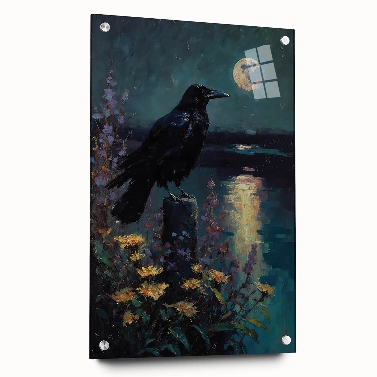 Acrylic glass wall art featuring a striking design of a crow and raven, showcasing vibrant colors and intricate details, displayed with decorative pins for an eye-catching presentation.