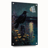 Acrylic glass wall art featuring a striking design of a crow and raven, showcasing vibrant colors and intricate details, displayed with decorative pins for an eye-catching presentation.