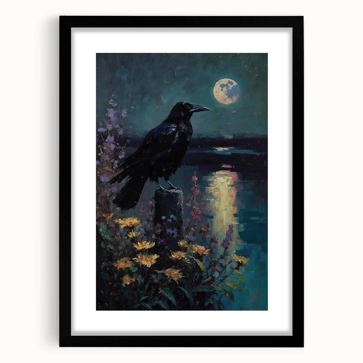 Framed wall art featuring a crow and raven design in a striking black mat, showcasing intricate details and bold colors, perfect for nature and bird lovers.