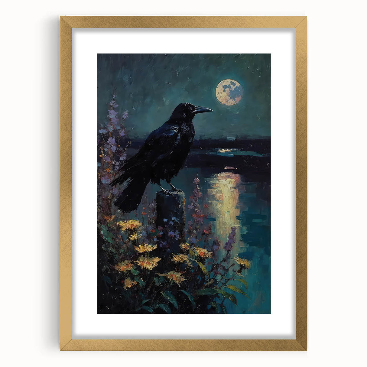 Stylish wall art featuring a detailed design of crows and ravens, framed in elegant gold with a mat, perfect for modern home decor and bird enthusiasts.