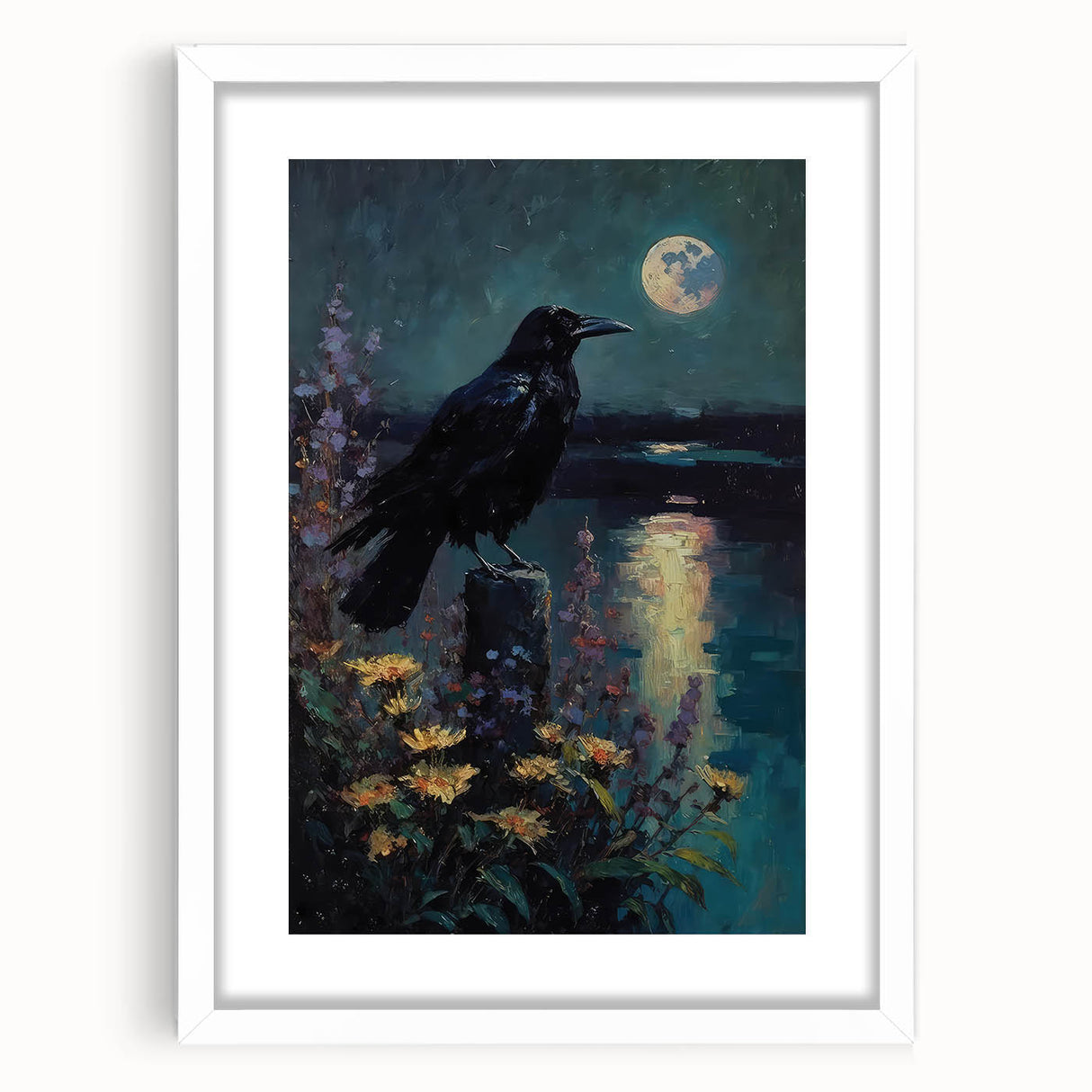 Framed wall art featuring a crow and raven design in a minimalist style, set against a white background, perfect for modern home decor.