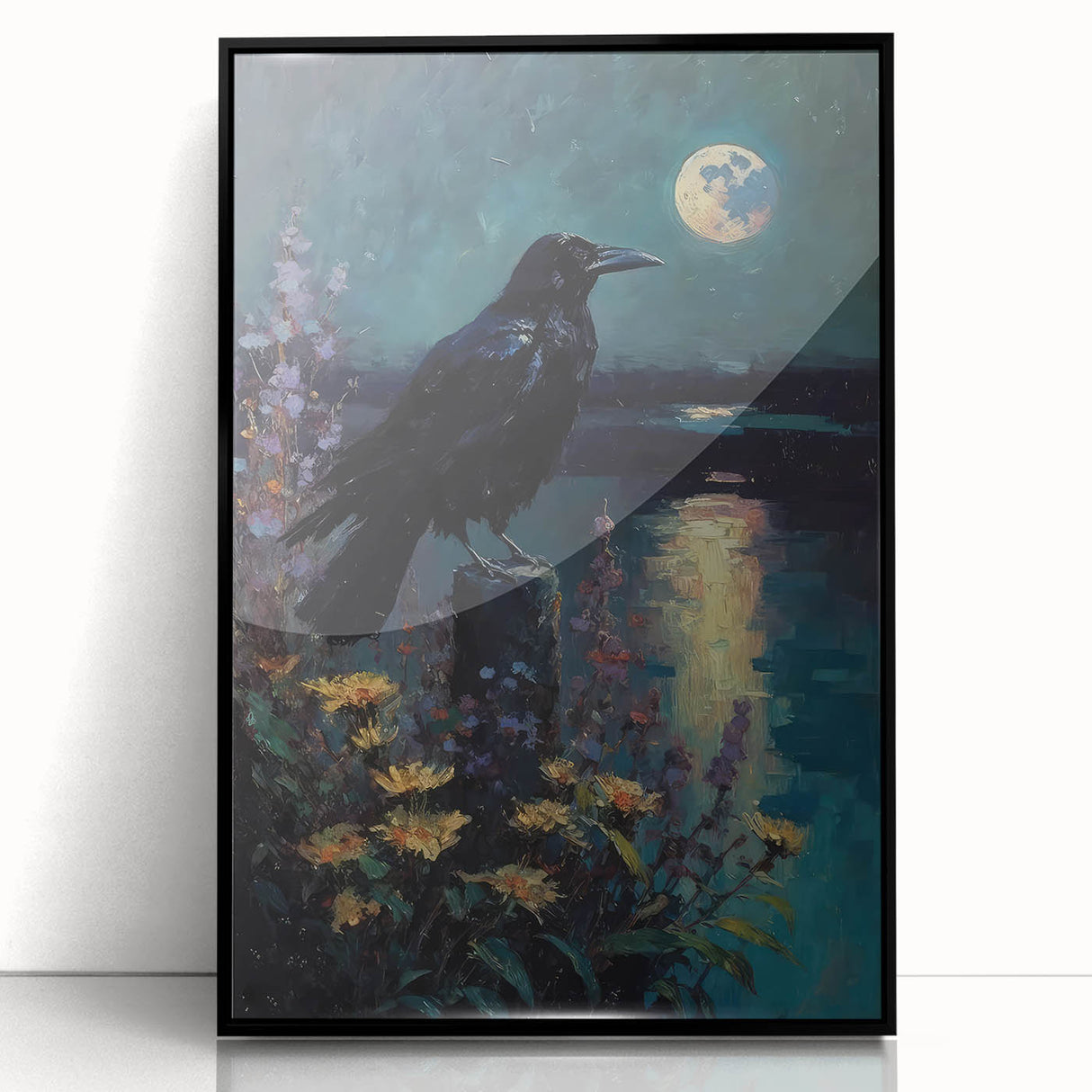 Framed wall art featuring a striking design of a crow and raven against a black background, perfect for modern decor. Ideal for bird lovers and art enthusiasts.