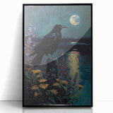 Framed wall art featuring a striking design of a crow and raven against a black background, perfect for modern decor. Ideal for bird lovers and art enthusiasts.
