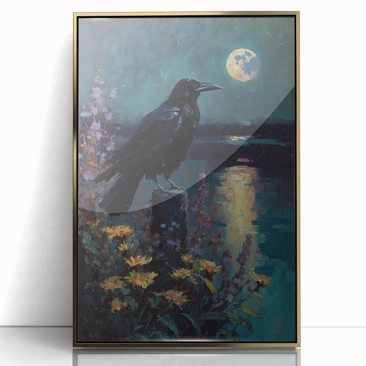 Framed acrylic wall art featuring a striking design of a crow and raven, showcasing intricate details against a gold background, ideal for modern home decor.