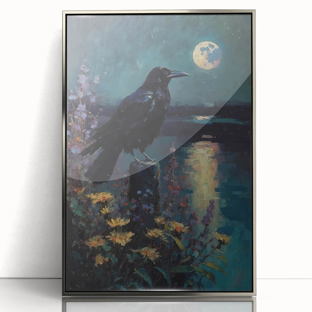 Framed wall art showcasing a detailed design of a crow and raven, featuring an elegant silver frame that enhances the intricate artwork and adds sophistication to any space.