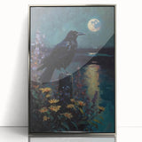 Framed wall art showcasing a detailed design of a crow and raven, featuring an elegant silver frame that enhances the intricate artwork and adds sophistication to any space.