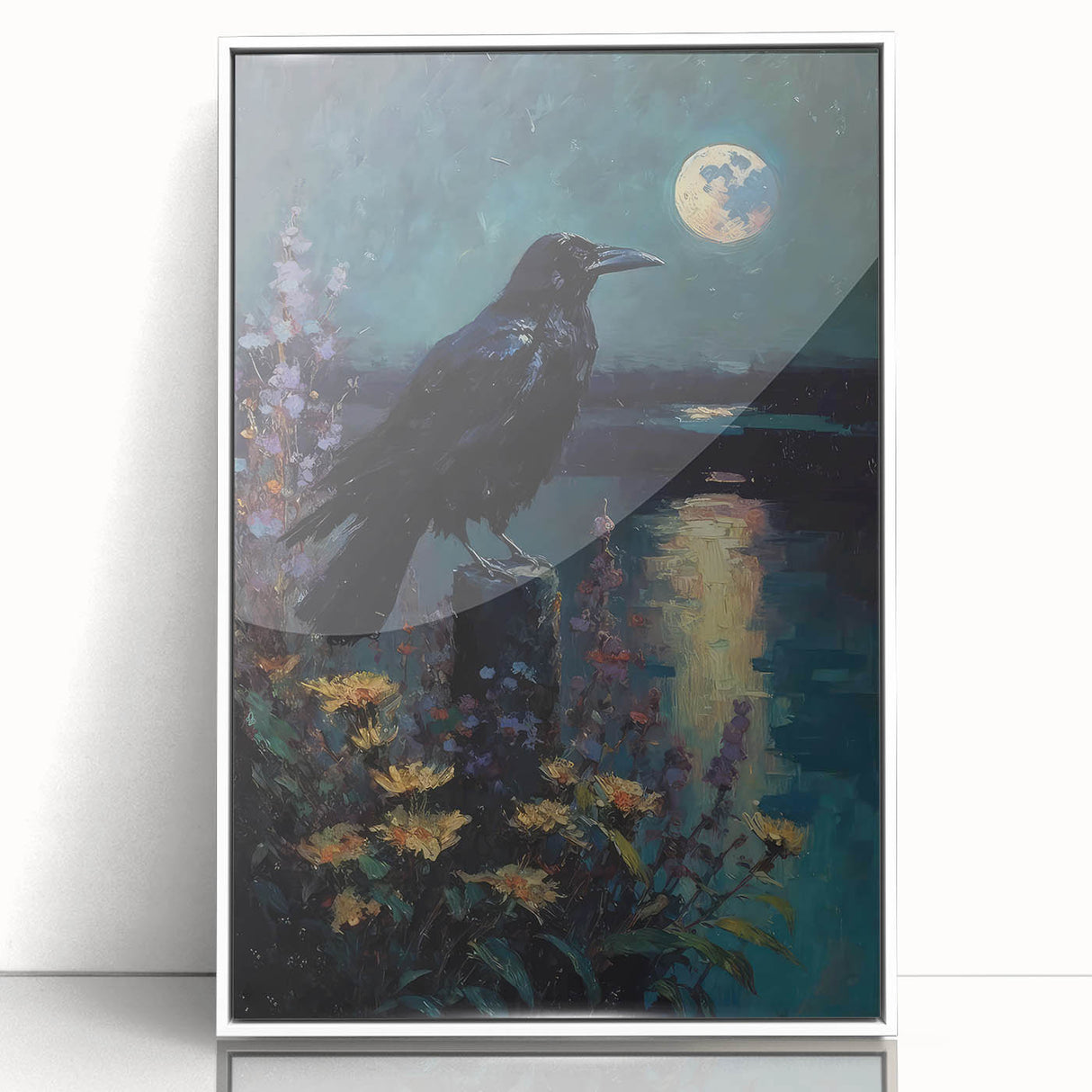 Framed wall art featuring a striking design of crows and ravens in a sleek white frame, ideal for adding a dramatic touch to modern decor. The acrylic finish enhances the intricate details of the artwork, making it a captivating centerpiece for any room.