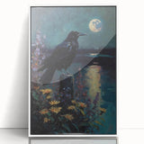Framed wall art featuring a striking design of crows and ravens in a sleek white frame, ideal for adding a dramatic touch to modern decor. The acrylic finish enhances the intricate details of the artwork, making it a captivating centerpiece for any room.
