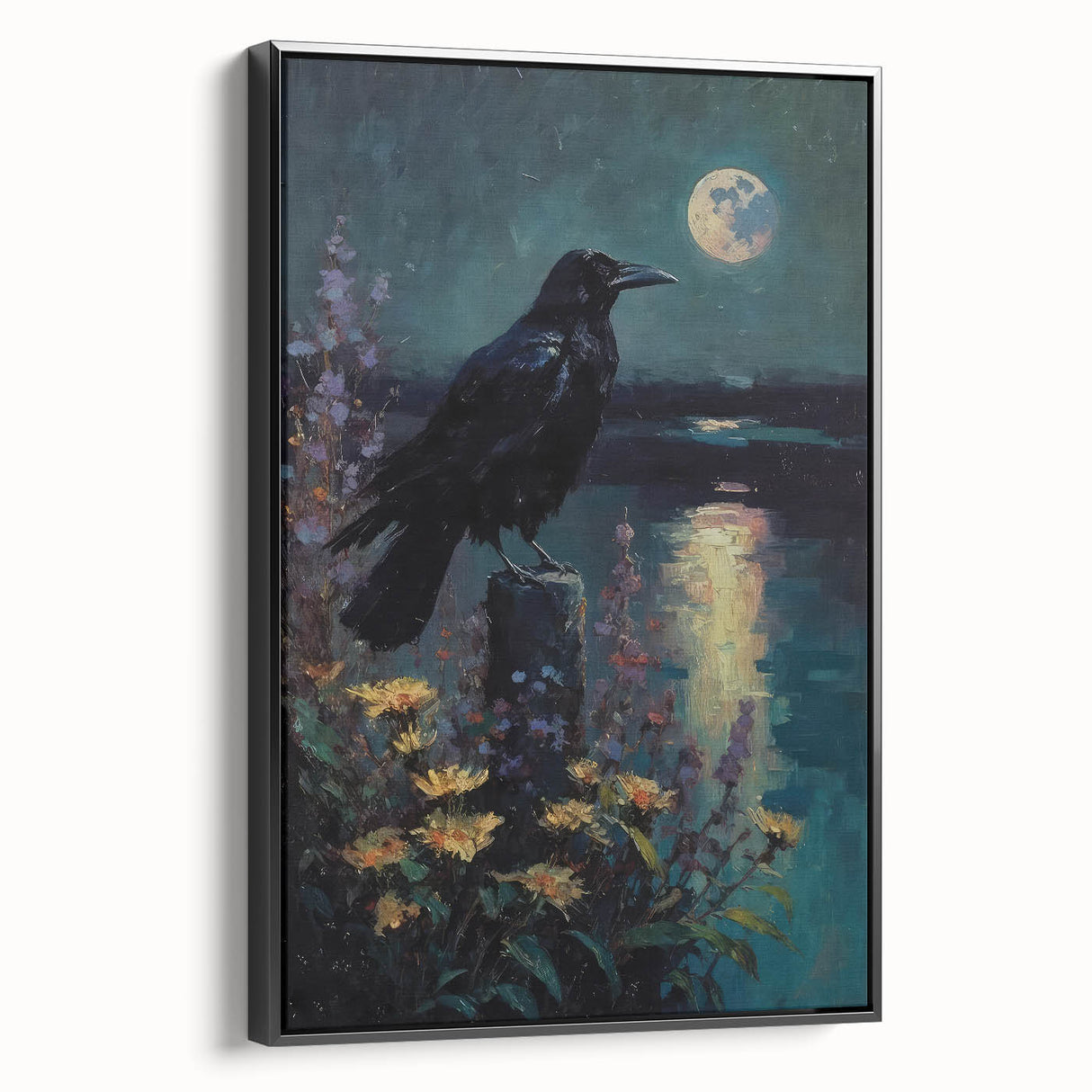 Framed wall art collection showcasing a detailed design of a crow and raven on a textured canvas, presented in a sleek black frame, perfect for enhancing home decor.