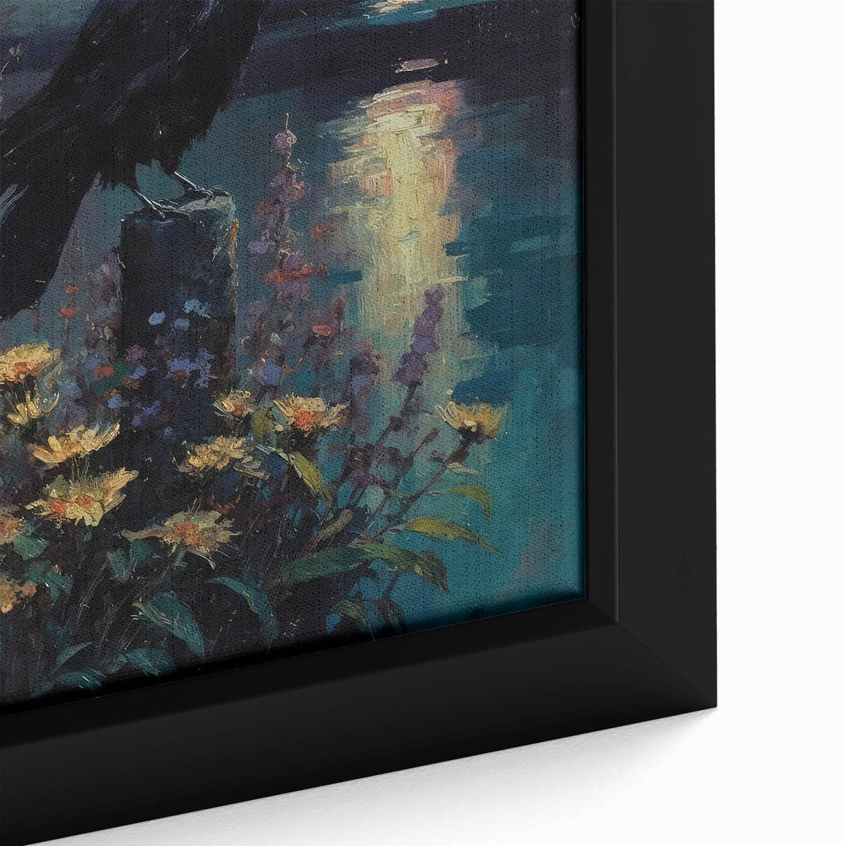 Close-up of a framed wall art piece showcasing a detailed design of crows and ravens on canvas, featuring a rich color palette and intricate textures, perfect for bird lovers and nature enthusiasts.
