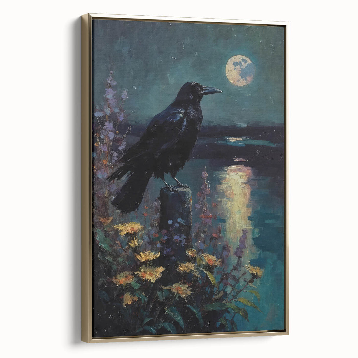 Framed canvas wall art featuring a striking design of a crow and raven, set against a gold background, showcasing intricate details and textures, perfect for contemporary decor.