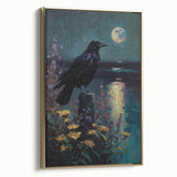 Framed canvas wall art featuring a striking design of a crow and raven, set against a gold background, showcasing intricate details and textures, perfect for contemporary decor.