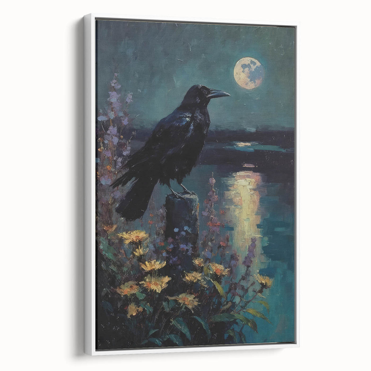 Framed canvas wall art showcasing a striking design of a crow and raven, displayed from the side against a white background, perfect for modern decor. This piece adds a unique touch to any room, enhancing the aesthetic with its intricate details and bold imagery.