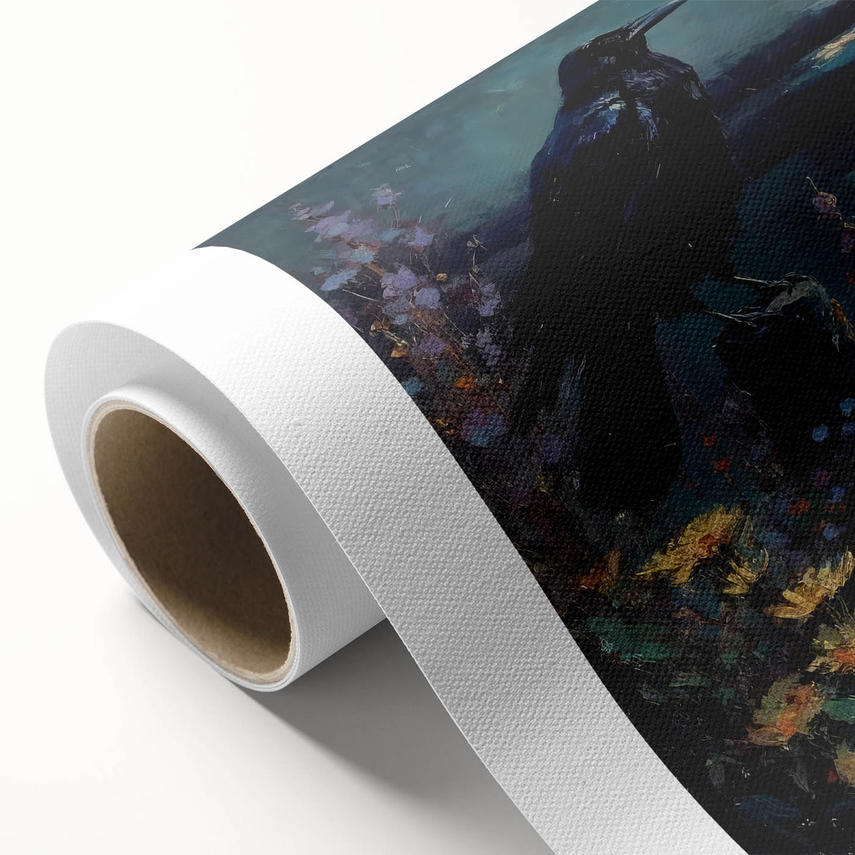 Rolled canvas artwork showcasing a striking design of a crow and raven in intricate detail, featuring rich, dark colors on a textured surface, perfect for enhancing contemporary decor.