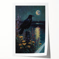 Stunning wall art design featuring a crow and raven, showcasing intricate details and bold colors on a rolled print, perfect for home decor enthusiasts.