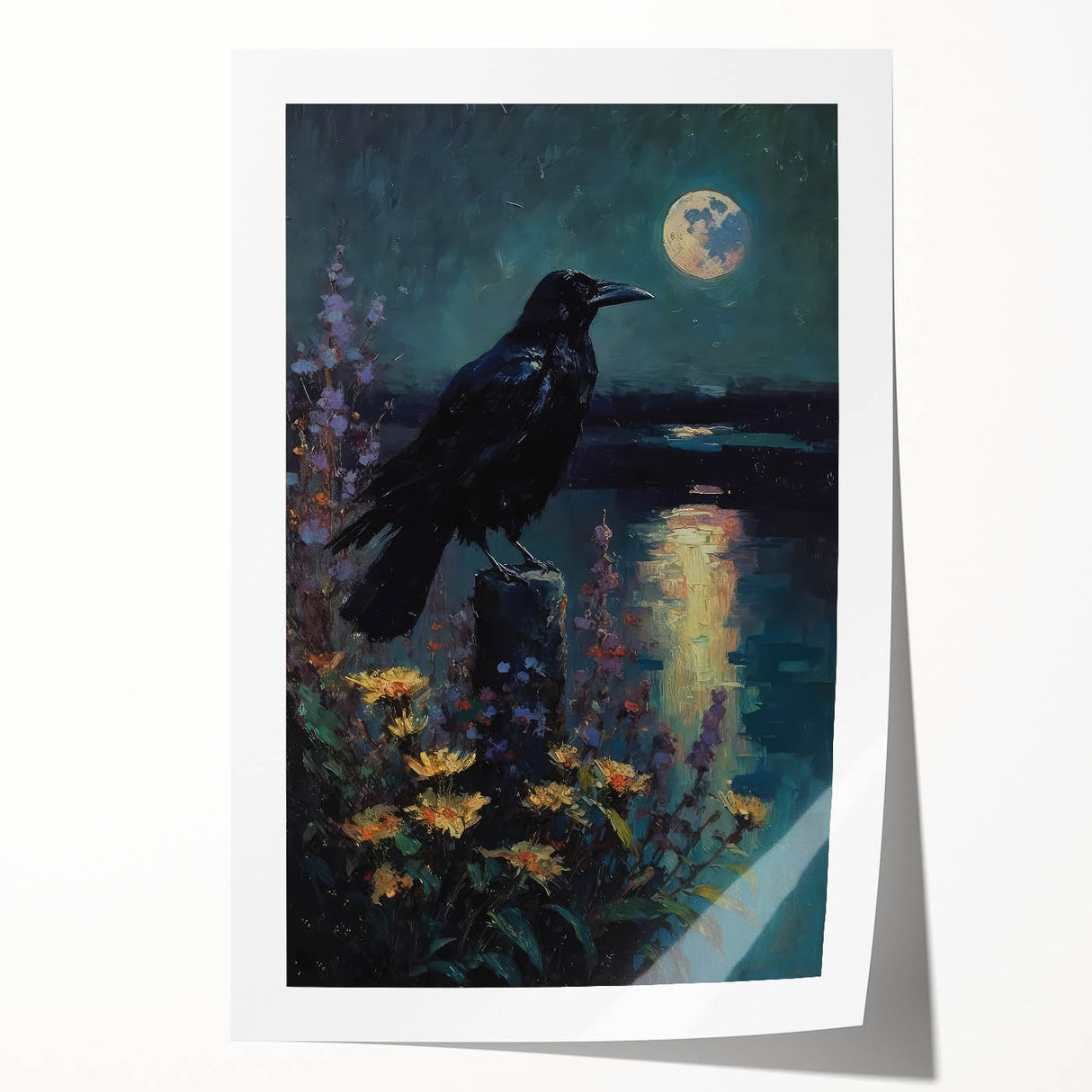 Stunning wall art design featuring a crow and raven, showcasing intricate details and bold colors on a rolled print, perfect for home decor enthusiasts.