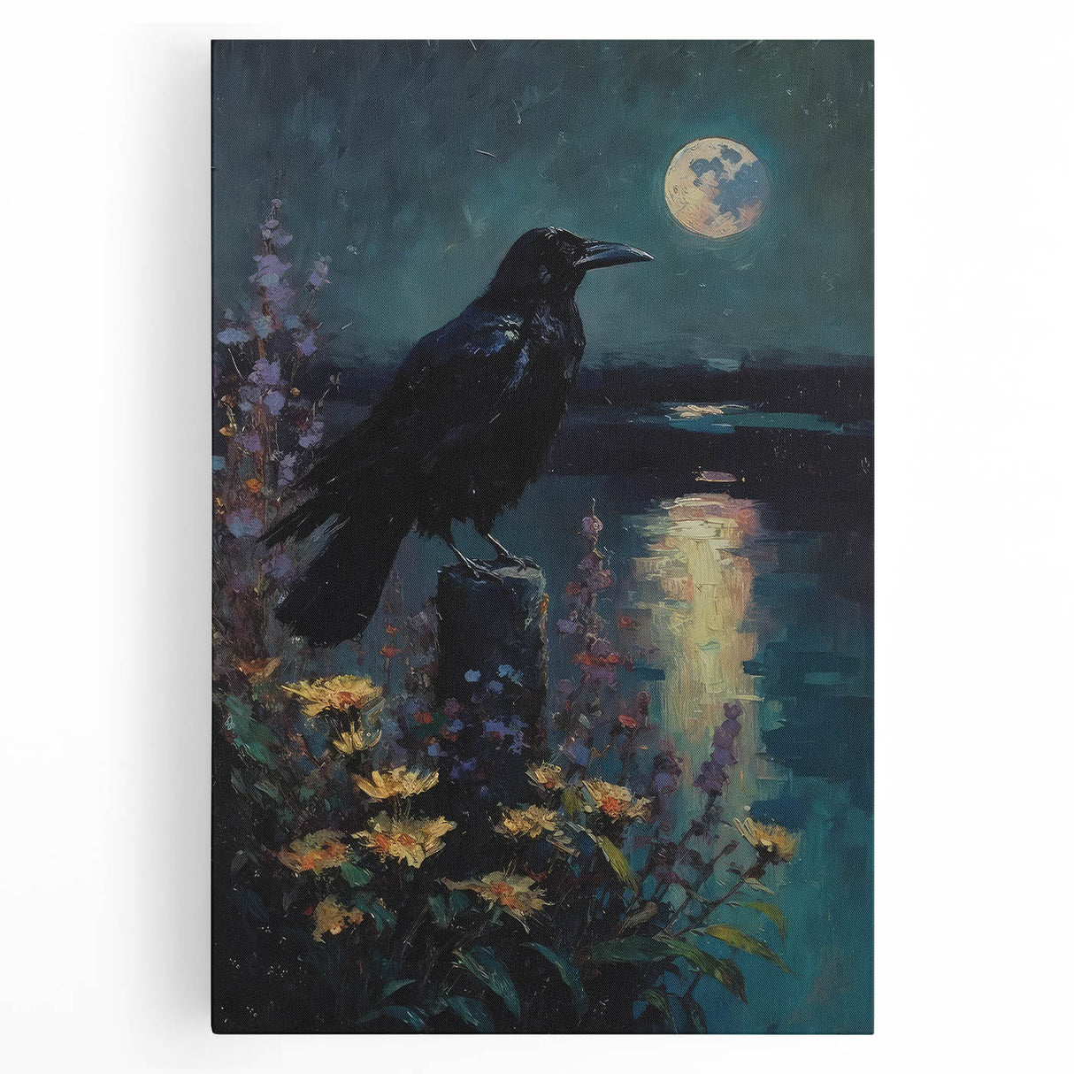 Stretched canvas wall art featuring a striking crow and raven design, showcasing intricate details in dark hues, perfect for nature enthusiasts and modern decor.