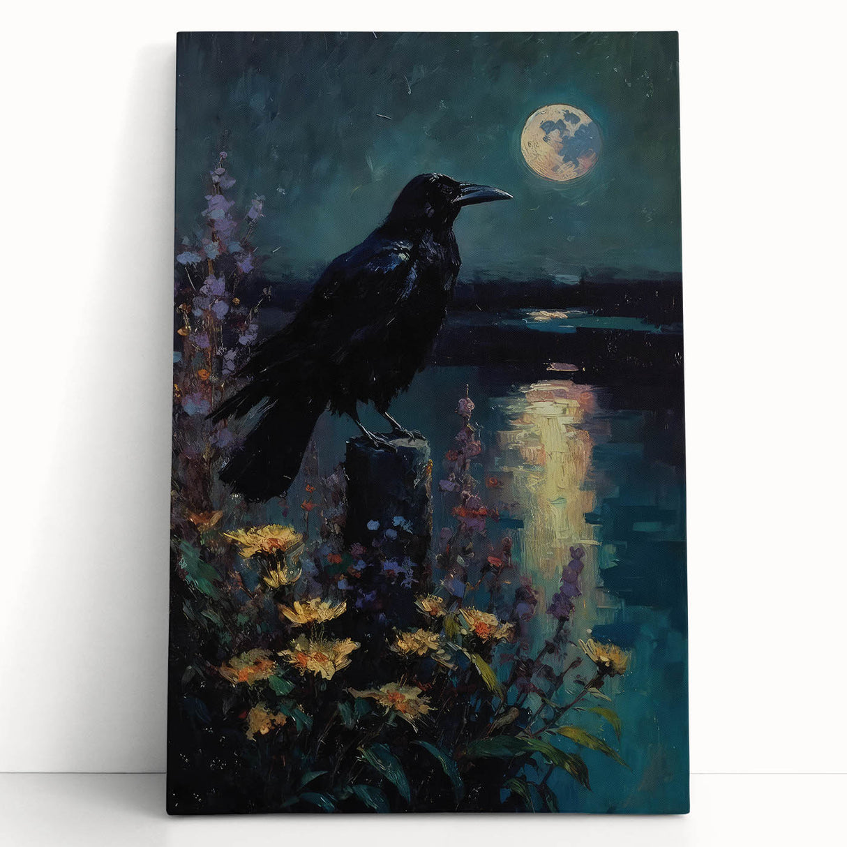 Stretched canvas wall art featuring a striking design of a crow and raven, showcasing intricate details and bold colors, perfect for enhancing modern home decor.