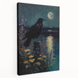 Stretched canvas wall art featuring a striking design of a crow and raven, showcasing intricate details and rich colors, perfect for enhancing modern home decor.