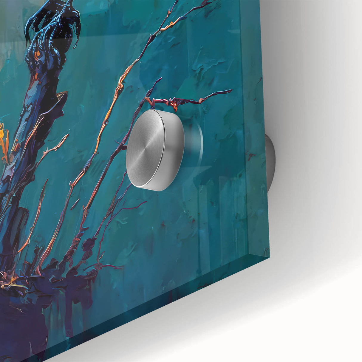 Close-up of a vibrant wall art piece featuring a crow and raven design, showcasing intricate details and textures on acrylic glass, perfect for modern decor.
