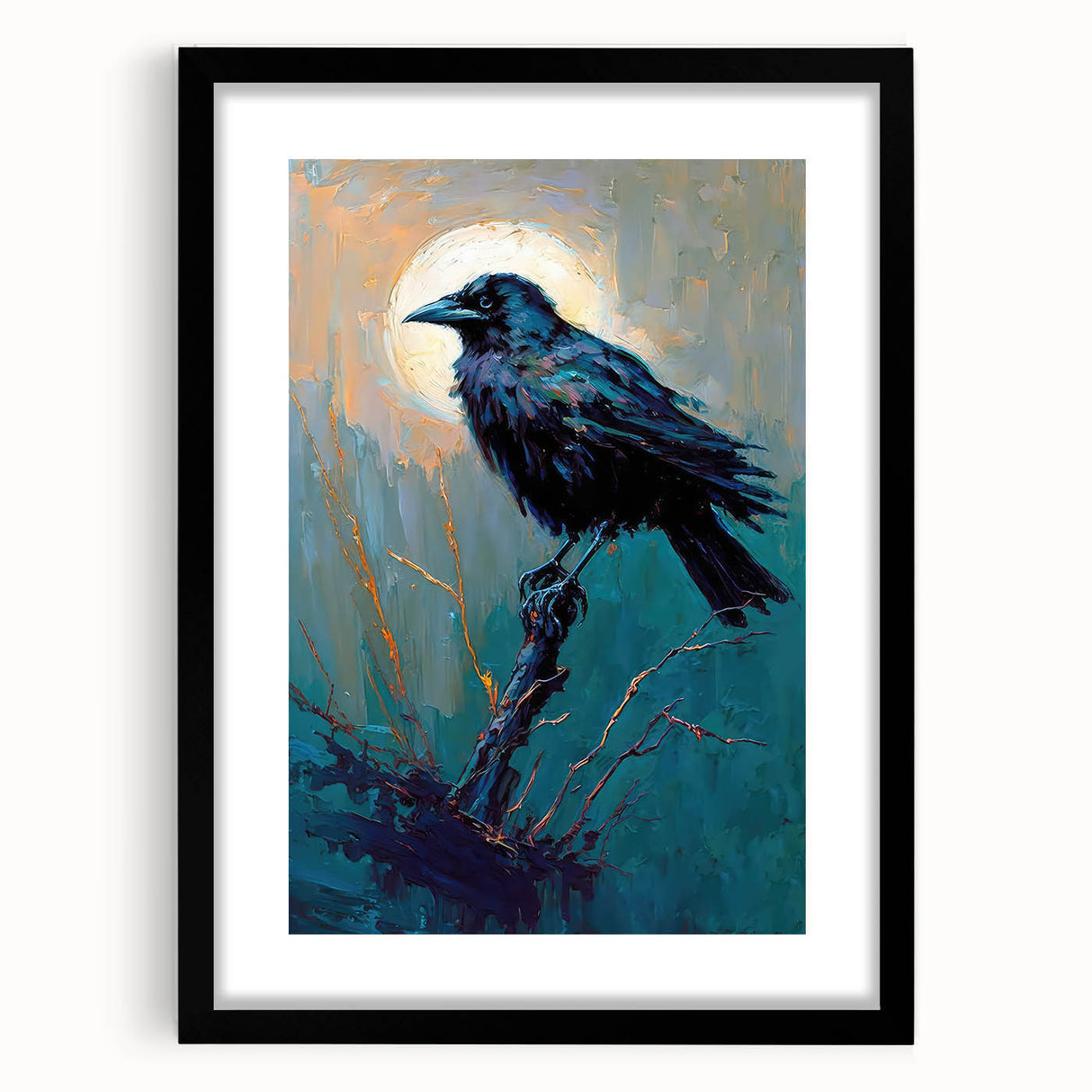 Black-framed wall art featuring a detailed design of a crow and raven, showcasing intricate patterns and textures, perfect for nature-inspired decor in modern interiors.