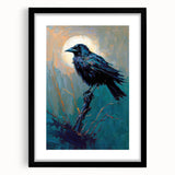 Black-framed wall art featuring a detailed design of a crow and raven, showcasing intricate patterns and textures, perfect for nature-inspired decor in modern interiors.