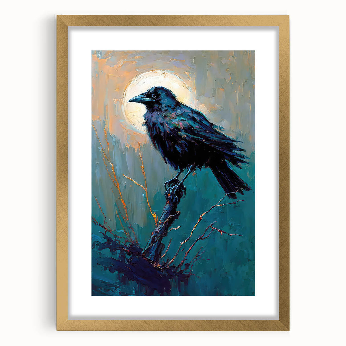 Elegant wall art featuring a crow and raven design in a gold frame with a mat, ideal for enhancing home decor. Perfect for bird lovers and art enthusiasts.