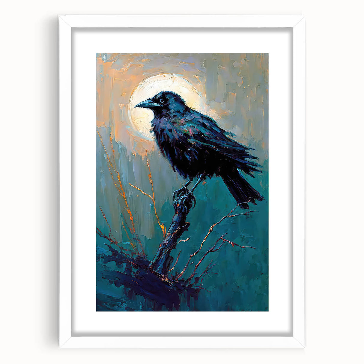 Framed wall art featuring a sophisticated design of a crow and raven, displayed with a white mat, perfect for enhancing home decor aesthetics.