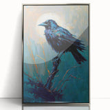 Framed wall art featuring a striking design of a crow and raven, presented with a sleek silver border, ideal for enhancing modern home decor. This acrylic piece captures intricate details and contrasts, making it a captivating addition to any living space.