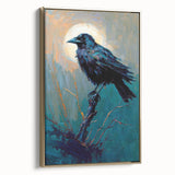 Framed wall art showcasing a striking crow and raven design on textured canvas, featuring a gold frame. Ideal for adding a touch of nature-inspired elegance to home decor.