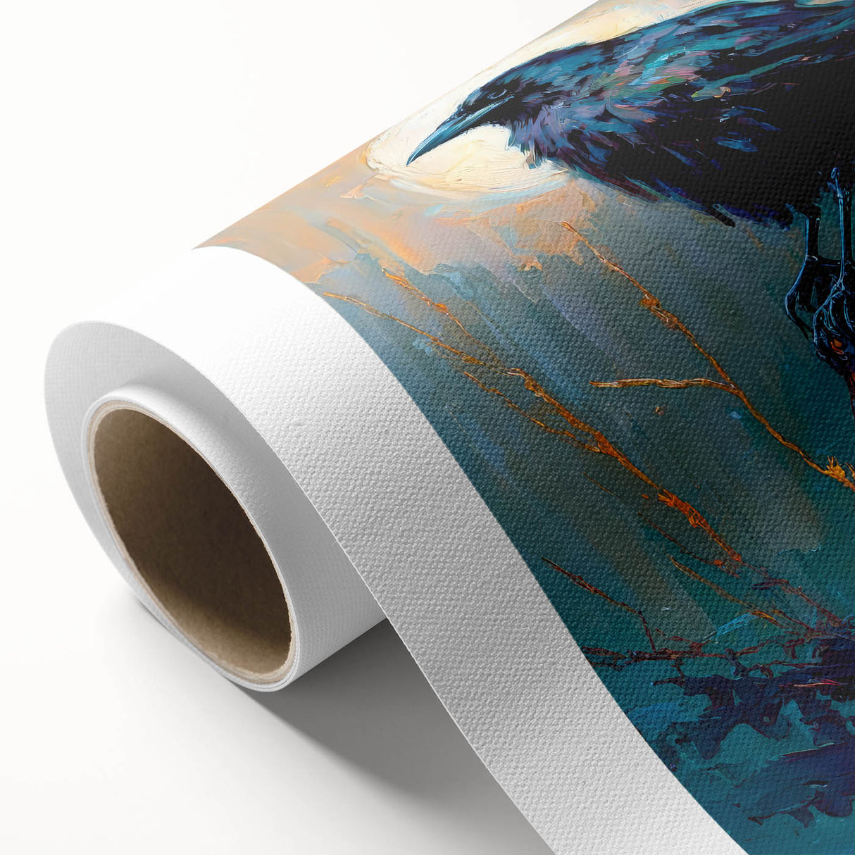 Rolled canvas art showcasing a detailed design of crows and ravens, emphasizing intricate black and white illustrations, perfect for nature lovers and home decor enthusiasts.