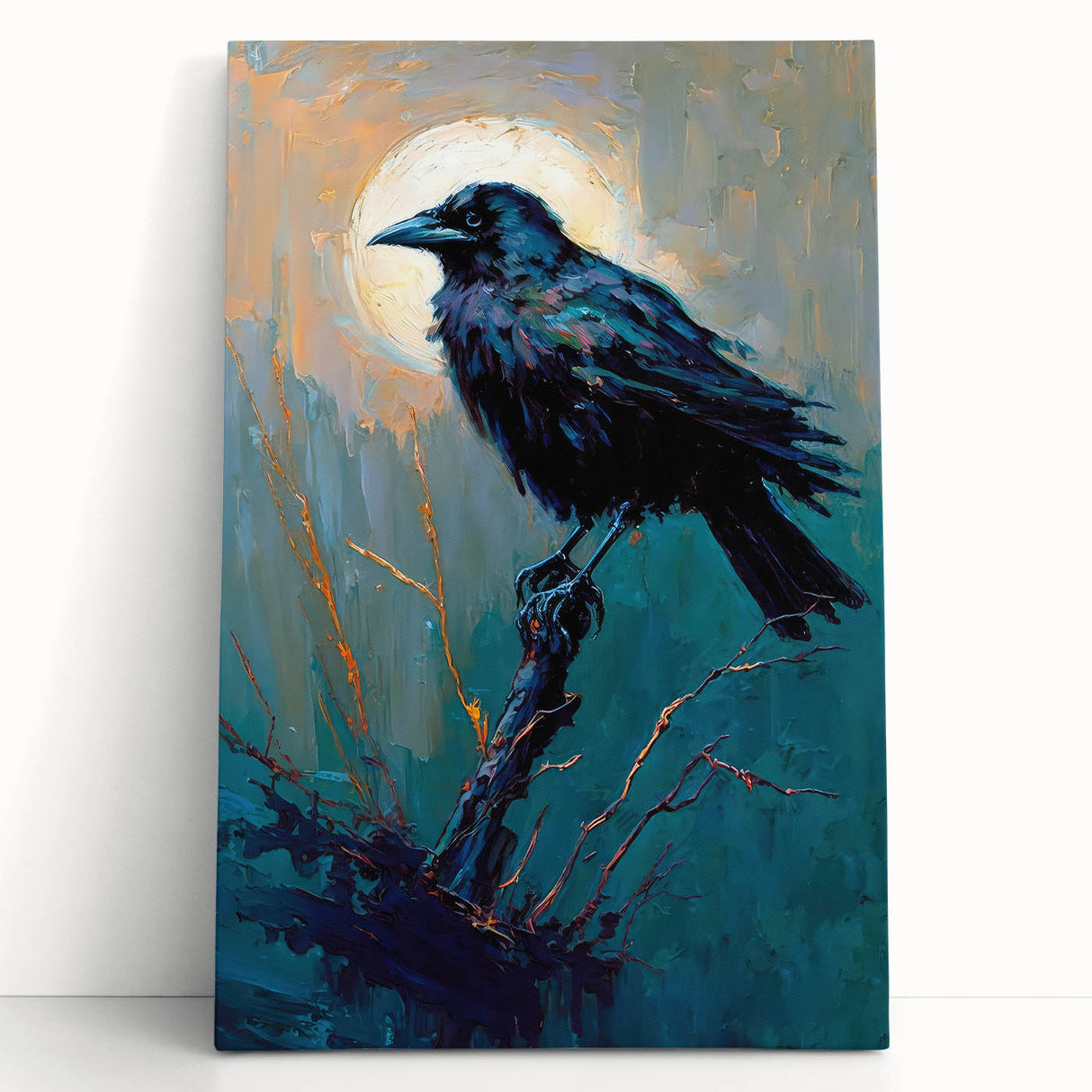 Stretched canvas wall art featuring a striking design of a crow and raven, showcasing intricate details and bold colors, perfect for enhancing modern decor.