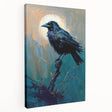 Side view of a stretched canvas wall art piece showcasing a crow and raven design, featuring intricate details and vibrant colors, ideal for bird lovers and home decor.