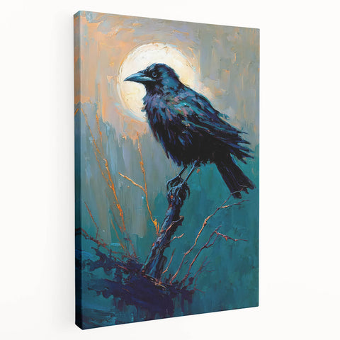 Side view of a stretched canvas wall art piece showcasing a crow and raven design, featuring intricate details and vibrant colors, ideal for bird lovers and home decor.