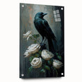 Side view of a crow and raven wall art collection design displayed in acrylic glass, featuring intricate details and vibrant colors, suitable for modern decor.