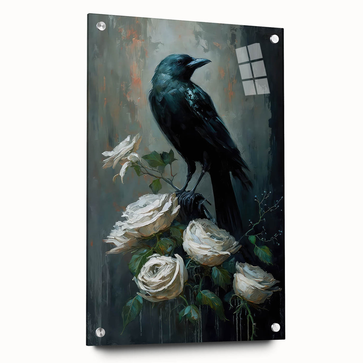 Side view of a crow and raven wall art collection design displayed in acrylic glass, featuring intricate details and vibrant colors, suitable for modern decor.