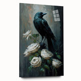 Elegant wall art design showcasing a crow and raven in a striking acrylic glass frame, side view displaying intricate details and vivid colors, perfect for enhancing modern decor.