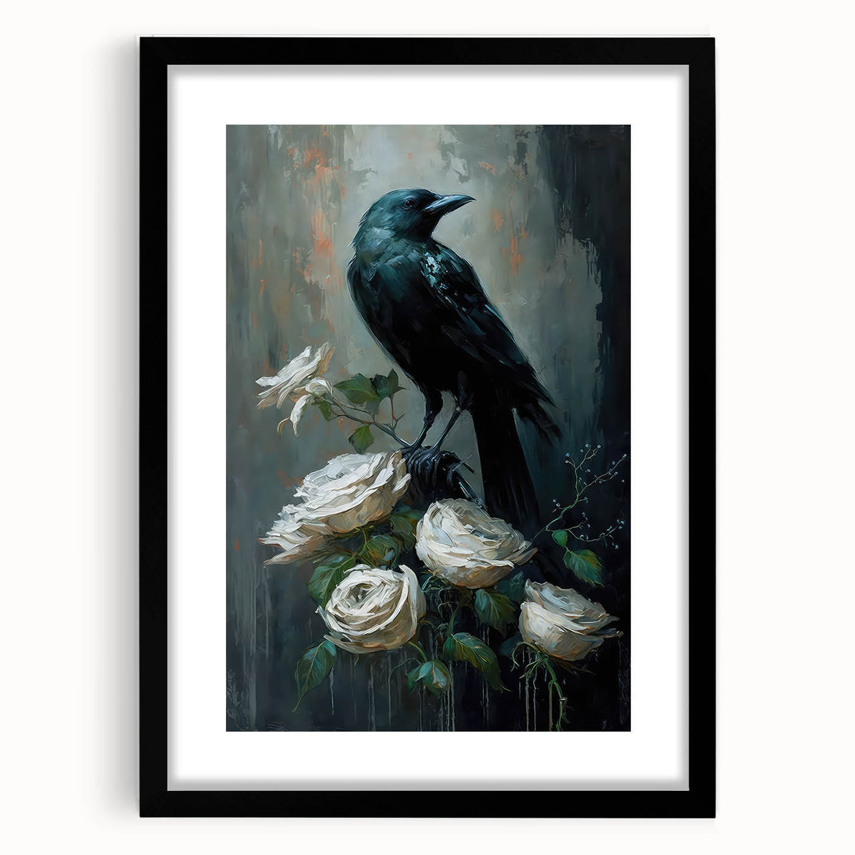 Framed wall art showcasing a striking design of a crow and raven, featuring a black mat and sleek frame, ideal for adding a contemporary touch to any room décor.