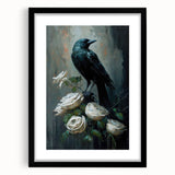 Framed wall art showcasing a striking design of a crow and raven, featuring a black mat and sleek frame, ideal for adding a contemporary touch to any room décor.