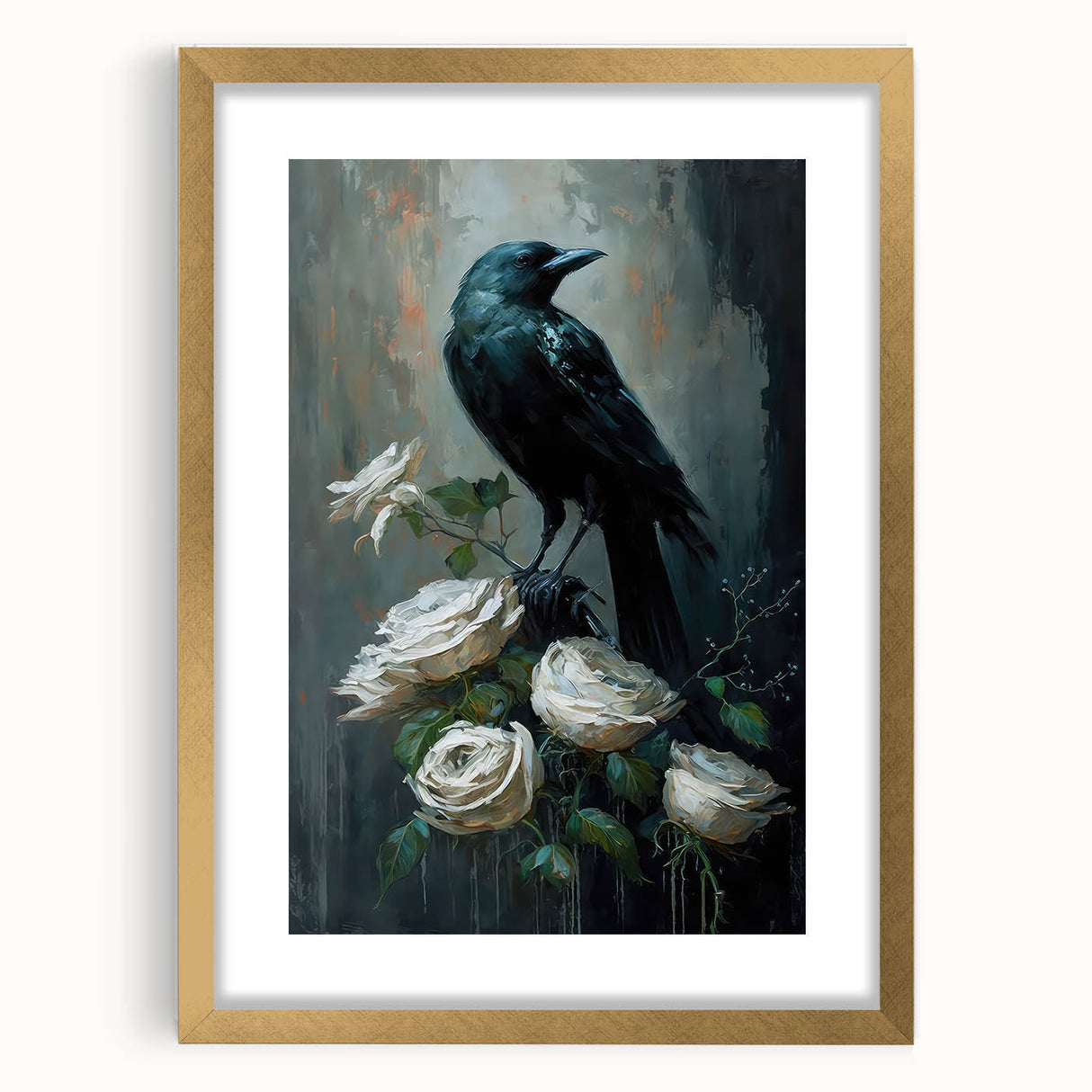 Framed wall art featuring a striking design of a crow and raven on a textured background, accented with a gold frame, perfect for enhancing modern decor.