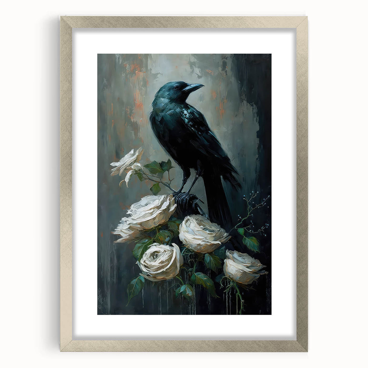 Framed wall art featuring a detailed crow and raven design in silver, showcasing intricate illustrations and a modern mat, perfect for enhancing home decor.